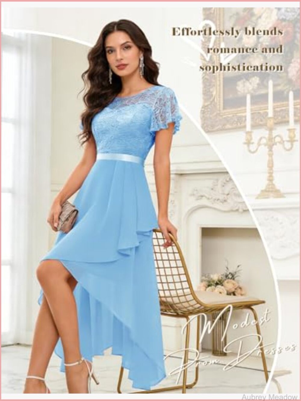 Flutter Sleeve High Low Lace Dress Sheer Neckline Prom Bridesmaid - Picture 5 of 7